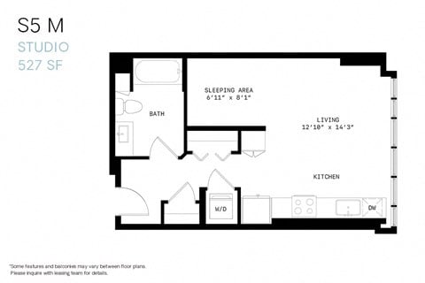 Floor plan for studio, 1 bath, 527 sqft
